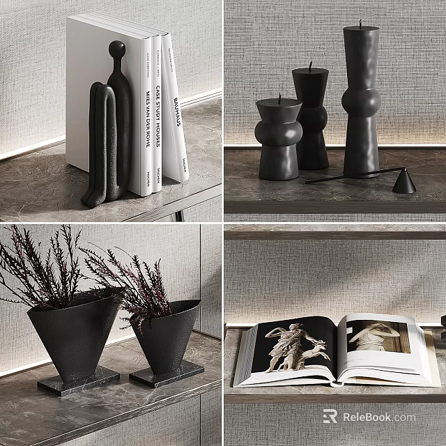 Minimalist Decorative Ornament Set For Shelf Display With Black Ceramic Sculptures And Vases 3d model 