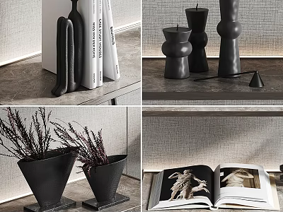 Minimalist Decorative Ornament Set For Shelf Display With Black Ceramic Sculptures And Vases 3d model