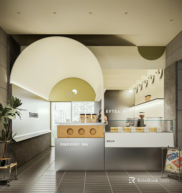 Modern Simple Bubble Tea Shop Interior Design With Bar Counter Display Cabinet And Green Plants 3d model 
