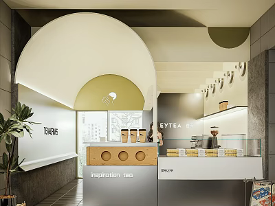 Modern Simple Bubble Tea Shop Interior Design With Bar Counter Display Cabinet And Green Plants 3d model