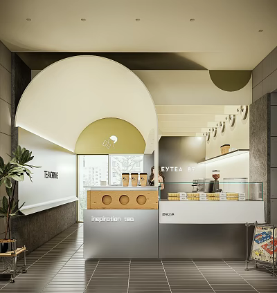 Modern Simple Bubble Tea Shop Interior Design With Bar Counter Display Cabinet And Green Plants 3d model
