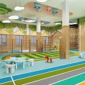 Kindergarten Play Space With Green Leaf Decor Wooden Walls Colorful Floor And Counter Stools