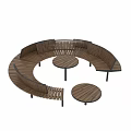 Circular Wooden Ground With Curved Benches And Small Round Tables In Outdoor Leisure Area