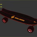 Black Deck Skull Board Skateboard with Orange Flame Logo and Large Blue Wheels