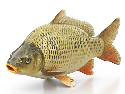 Realistic Golden Brown Carp with Open Mouth Detailed Scales and Orange Fins 3d model