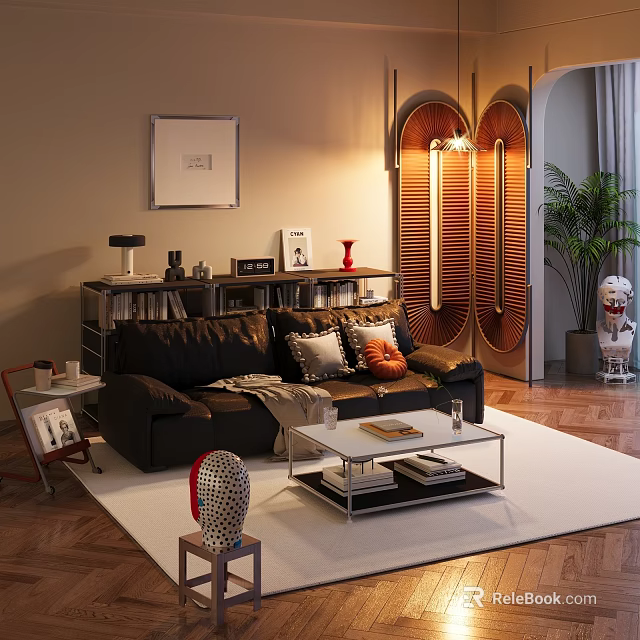 Cozy Living Room With Black Leather Sofa Throw Pillows Bookshelf Coffee Table And Wooden Floor 3d model 