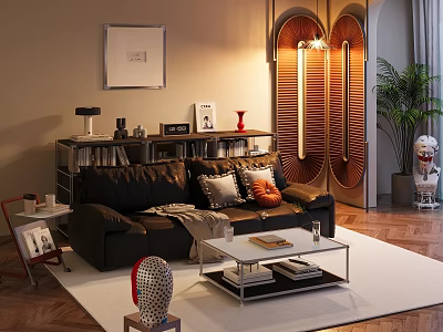 Cozy Living Room With Black Leather Sofa Throw Pillows Bookshelf Coffee Table And Wooden Floor 3d model