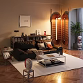 Cozy Living Room With Black Leather Sofa Throw Pillows Bookshelf Coffee Table And Wooden Floor