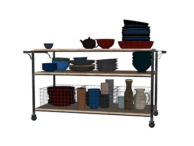 Stylish Dinnerware Set On Two Tiered Rolling Kitchen Cart With Bowls Plates And Vases 3d model