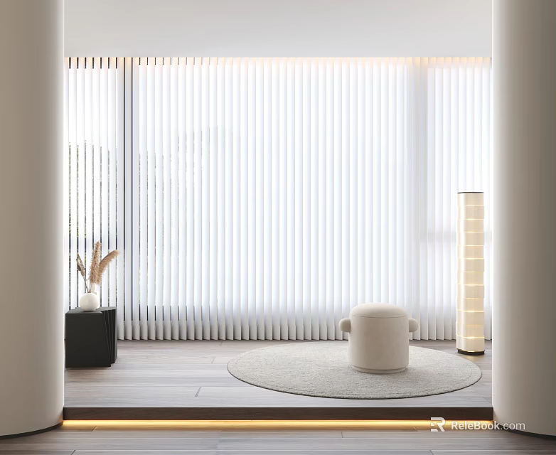 White Vertical Blinds For Minimalist Living Room With Floor To Ceiling Windows And Natural Light 3d model 