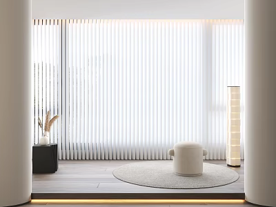 White Vertical Blinds For Minimalist Living Room With Floor To Ceiling Windows And Natural Light 3d model
