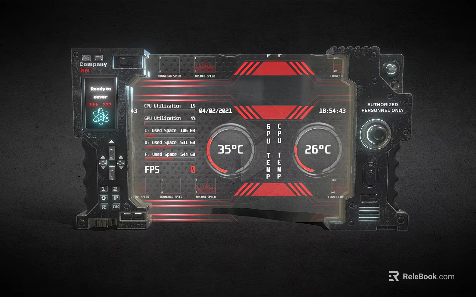 Black Red Device Panel With Temperature Gauges FPS Display And Control Knobs 3d model 