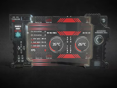 Black Red Device Panel With Temperature Gauges FPS Display And Control Knobs 3d model