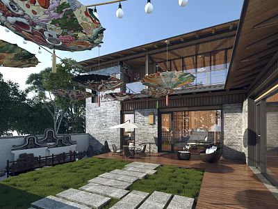Courtyard Garden with Painted Umbrellas Wooden Roof Stone Path and Lawn Furniture 3d model