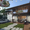 Courtyard Garden with Painted Umbrellas Wooden Roof Stone Path and Lawn Furniture