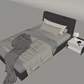 Single Bed With Black Headboard Gray White Bedding Striped Blanket And Side Table With Lamp And Book