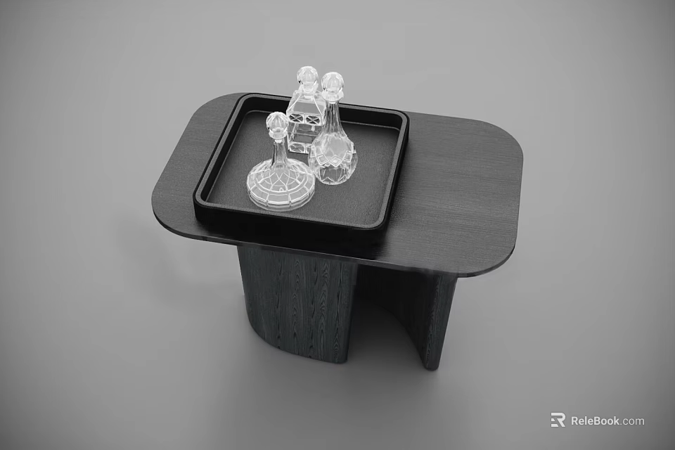 Modern Black Wooden Coffee Table With Tray And Transparent Crystal Decorations 3d model 