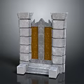 Grand Stone Gate with Gray Stone Pillars Brown Carved Panels and Stone Steps