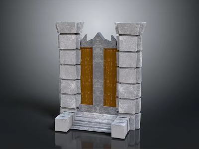 Grand Stone Gate with Gray Stone Pillars Brown Carved Panels and Stone Steps 3d model