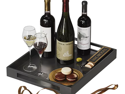 Elegant Wine Bottles and Glasses on Black Serving Tray with Macarons Chocolates and Decorative Ribbon 3d model