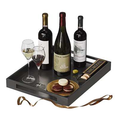 Elegant Wine Bottles and Glasses on Black Serving Tray with Macarons Chocolates and Decorative Ribbon 3d model