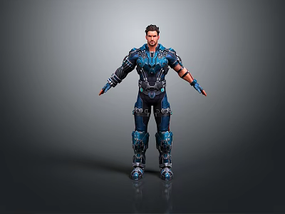 Detailed Game Movie Male Character In Blue Mechanical Armor Standing With Arms Outstretched 3d model