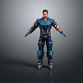 Detailed Game Movie Male Character In Blue Mechanical Armor Standing With Arms Outstretched