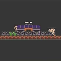 Cartoon Pixel Art Scene Featuring Purple Roof Building Green Grass Pathways And Small Characters