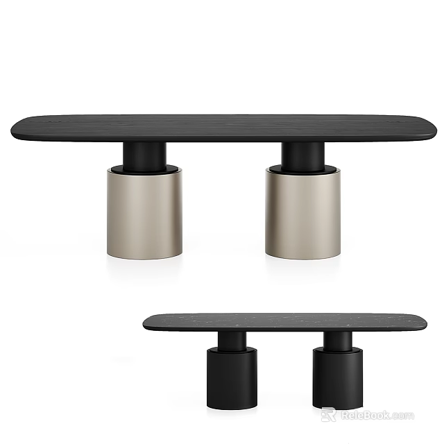 Modern Black Tabletop Dining Table With Silver Cylindrical Bases And Sleek Design 3d model