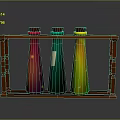 Three Colorful Conical Medical Device Bottles on Wooden Shelf in Medical Lab Setting