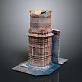 Ancient Architectural Model of Intricate Stone Tower with Layered Structure and Base
