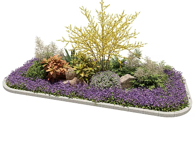 Roadside Landscaping With Purple Flowers Green Plants Yellow Tree Stones And White Border 3d model