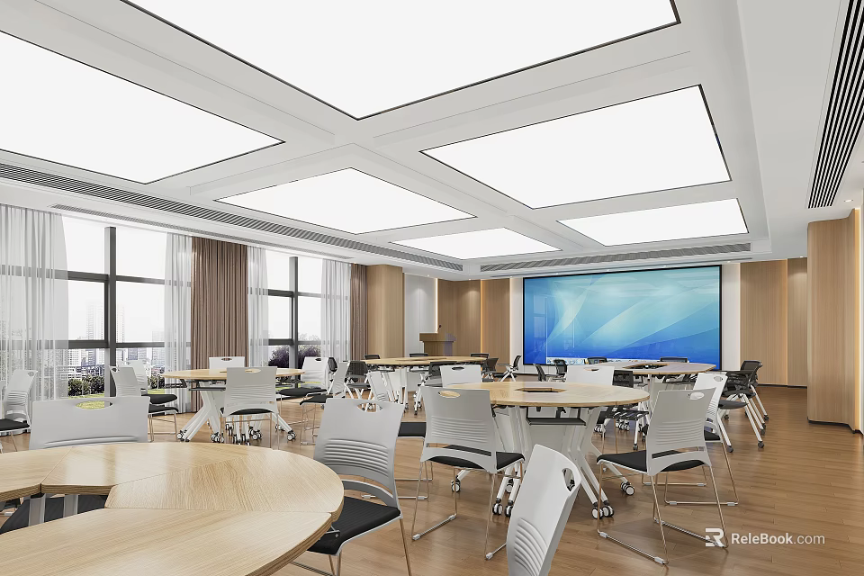 Modern Conference Room With Round Tables White Chairs Large Screen Windows And Wooden Walls 3d model 
