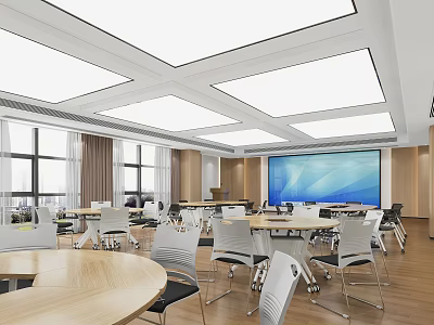 Modern Conference Room With Round Tables White Chairs Large Screen Windows And Wooden Walls 3d model