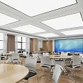 Modern Conference Room With Round Tables White Chairs Large Screen Windows And Wooden Walls