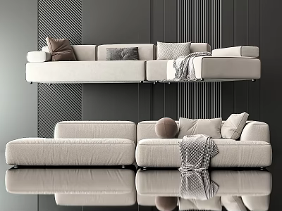 Modern Cream Floating Sectional Sofa With Pillows And Throw Blanket Against Gray Striped Wall 3d model