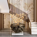 Elegant Modern Staircase With White Steps Marble Wall Wooden Panels And Golden Flower Chandelier