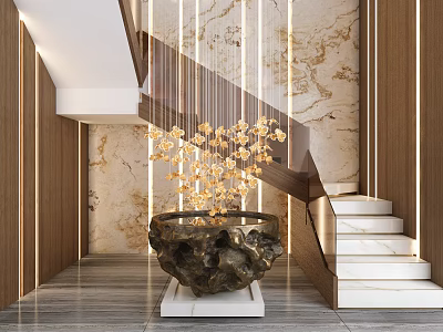 Elegant Modern Staircase With White Steps Marble Wall Wooden Panels And Golden Flower Chandelier 3d model