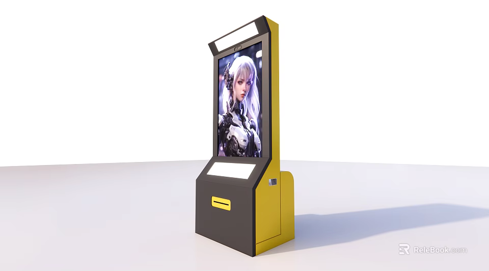 Black and Yellow Standing Computer Terminal With Screen Displaying Anime Character And Cabinet Design 3d model 