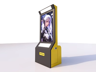 Black and Yellow Standing Computer Terminal With Screen Displaying Anime Character And Cabinet Design 3d model
