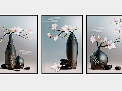 Three Panel Decorative Wall Art With Black Vases Pink Flowers And Stones 3d model