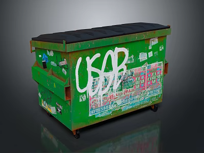 Green Trash Bin With USOB Graffiti And Colorful Stickers On Wheels 3d model