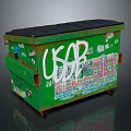 Green Trash Bin With USOB Graffiti And Colorful Stickers On Wheels