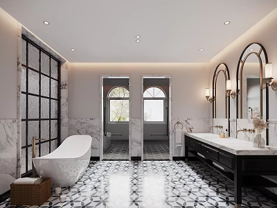 Elegant Modern Bathroom With Marble Walls Double Vanity And Bathtub 3d model