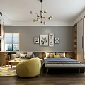 Modern Apartment Interior Design With Bed Sofa TV Pendant Light Plant And Wall Art