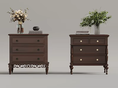 Classic Brown Wooden Bedside Tables With Vases Books And Decorative Items 3d model