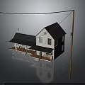 Small House With Black Roof White Walls Front Porch And Utility Pole Power Line