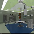 Modern Operating Room with Medical Equipment Surgical Lights Blue Floor Green Ceiling Stainless Steel Carts