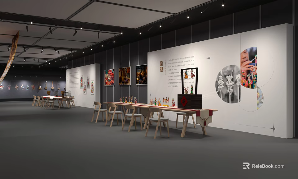 Art Exhibition Space Interior With White Walls Long Tables And Artworks 3d model