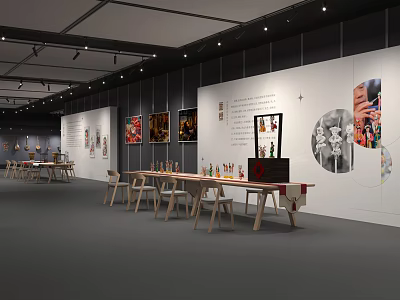 Art Exhibition Space Interior With White Walls Long Tables And Artworks 3d model